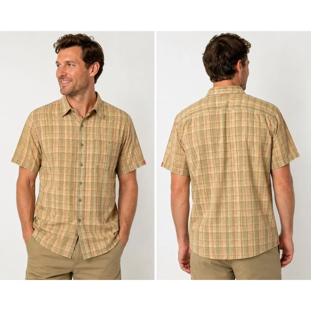 The North Face Plaid Button Up Hiking Shirt Tan Red Short Sleeve Men's XL